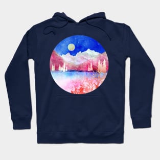 Pink Mountain Lake Negative Watercolor Painting Hoodie